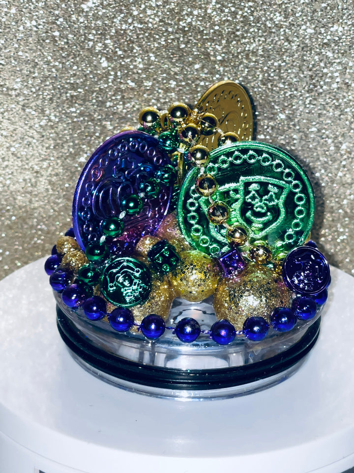 Mardi Gras Tumbler Topper, Fleur De Lis, Mardi Gras Beads, 3D ice lid, 3D lid, Mardi Gras Tumbler Lid, unique gift