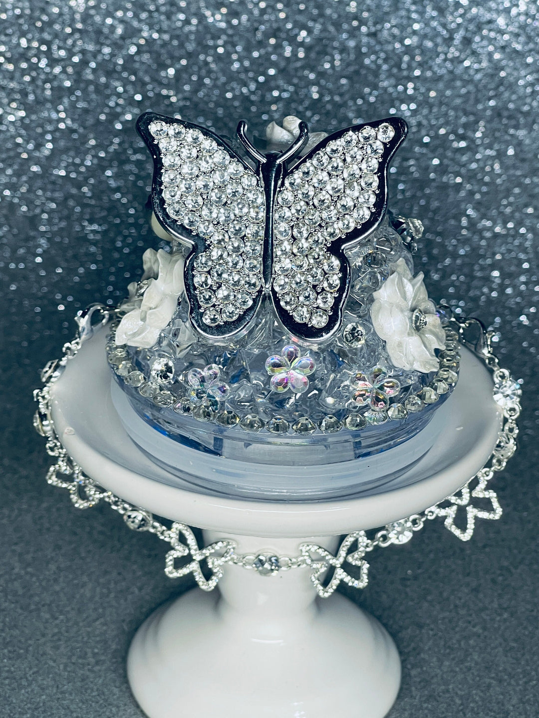 Butterfly Rhinestone Tumbler Topper with Rhinestone Butterfly Chain Embelishment, Rhinestone Butterflies