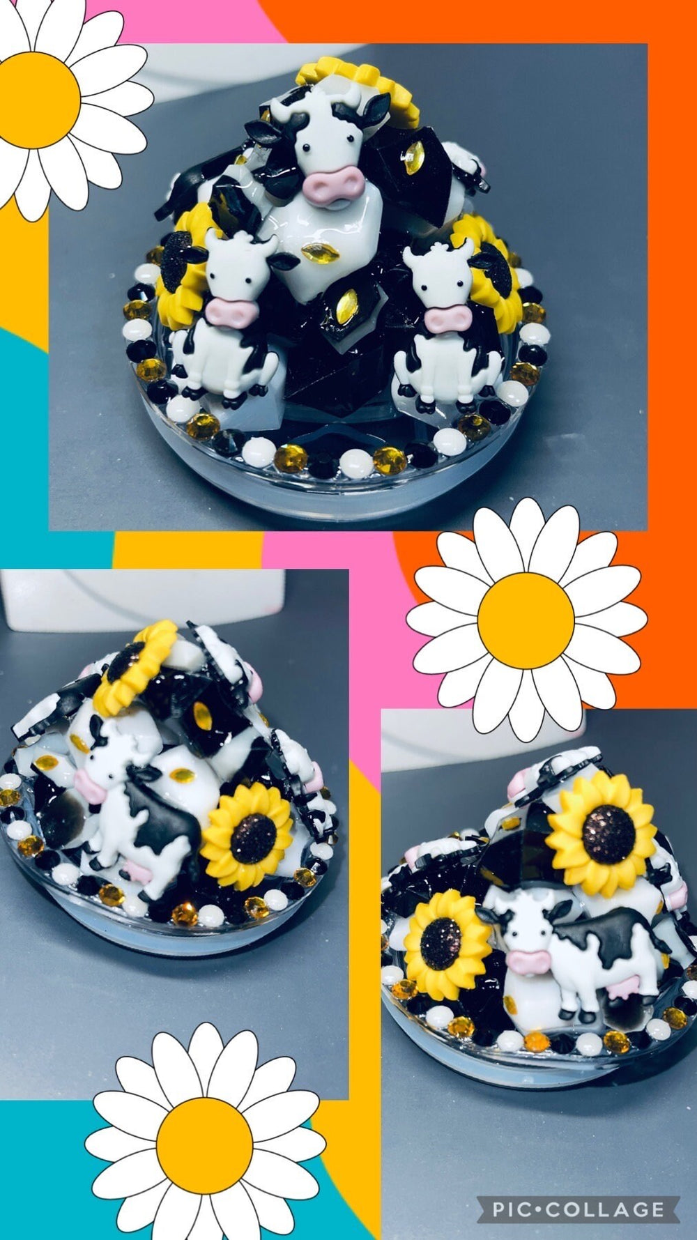 Cow Tumbler Topper, sunflowers and cows, rodeo tumbler topper, sunflower tumbler topper, 3D Decorative Lid - rhinestone Ice Topper Lid