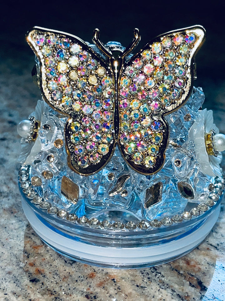 Gold Butterfly Rhinestone Tumbler Topper with Rhinestone Butterfly Chain Embelishment, Rhinestone Butterflies