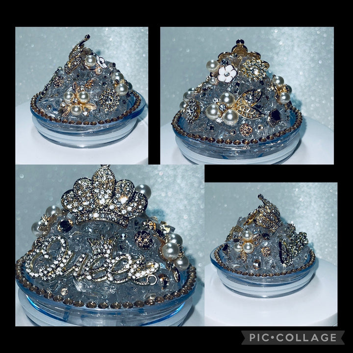 Rhinestone Queen Crown Topper, Diva Bling Topper, Queen Topper, 3D Topper Lid, Rhinestone Tumbler Lid, Rhinestone Lid - Gold or Silver