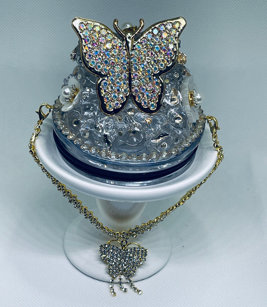 Gold Butterfly Rhinestone Tumbler Topper with Rhinestone Butterfly Chain Embelishment, Rhinestone Butterflies