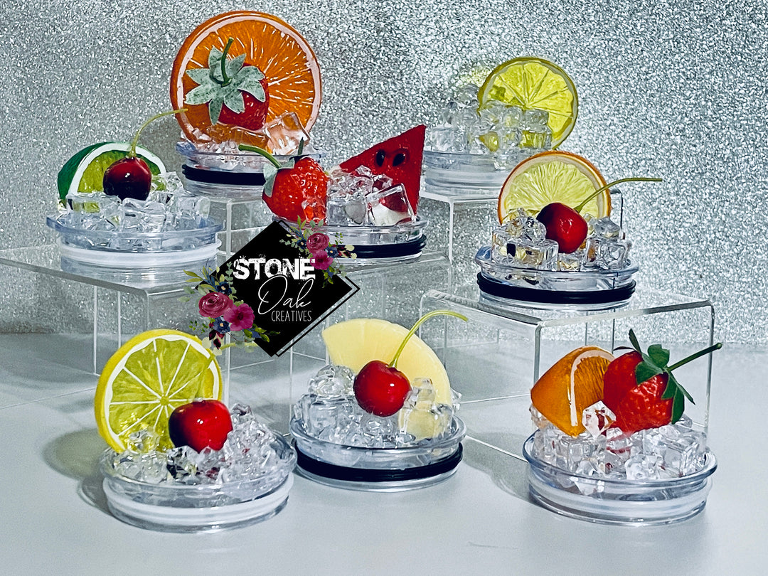 Fruit Tumbler Toppers that fit the 20 oz and 30 oz Skinny tumblers - Fruit Topped Tumbler Toppers, 3D fruit lids, unique gift