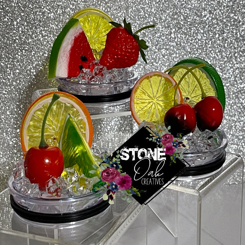 Fruit Tumbler Toppers that fit the 20 oz and 30 oz Skinny tumblers - Fruit Topped Tumbler Toppers, 3D fruit lids, unique gift