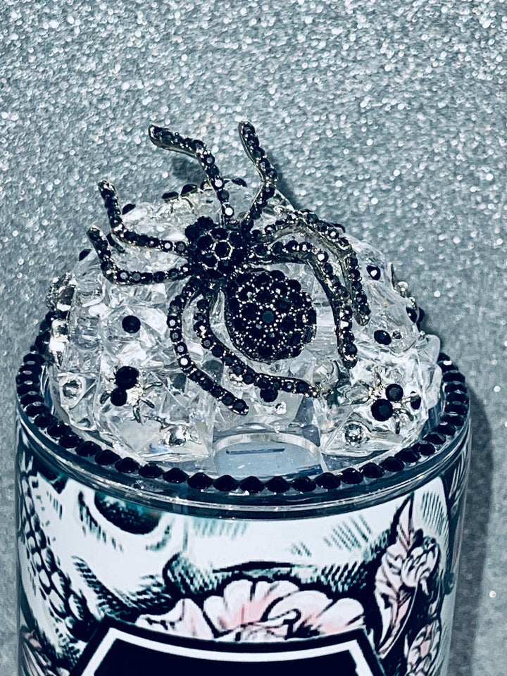 Move over hot girl summer, it’s spooky bi#ch season, with a rhinestone spider tumbler topper lid combo, Halloween tumbler and topper lid