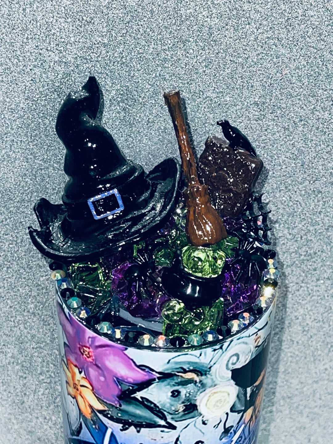 Halloween witch Themed Tumbler Topper Lid, Witch hat, cauldron, spider web, spider