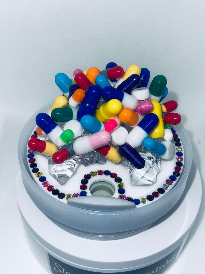 40 oz Pharmacy Pill Tumbler Topper, rhinestone medicine pill topper, mental health, nurse gift, acrylic tumbler topper, unique gift