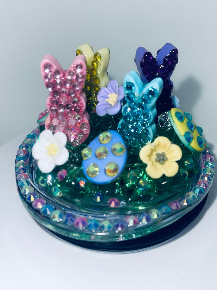 Rhinestone Bunny Easter Tumbler Topper with 3D Easter Bunny Decorations, Marshmallow Bunny, Easter Gift, 20 oz, 30 oz and 40 oz lids