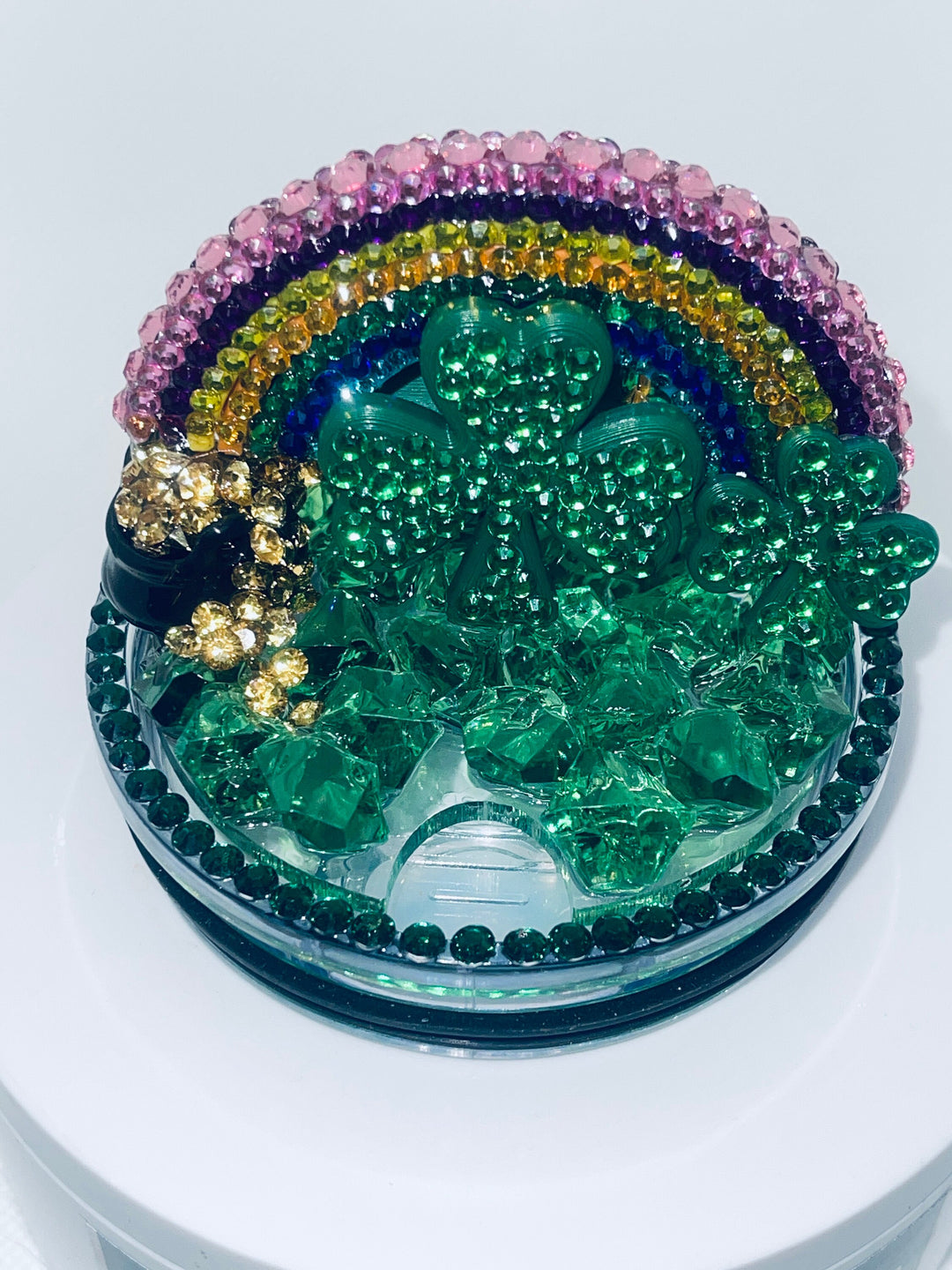 St. Patricks Day Rainbow Rhinestone Tumbler Topper, Rhinestone Rainbow Hat Clover Topper