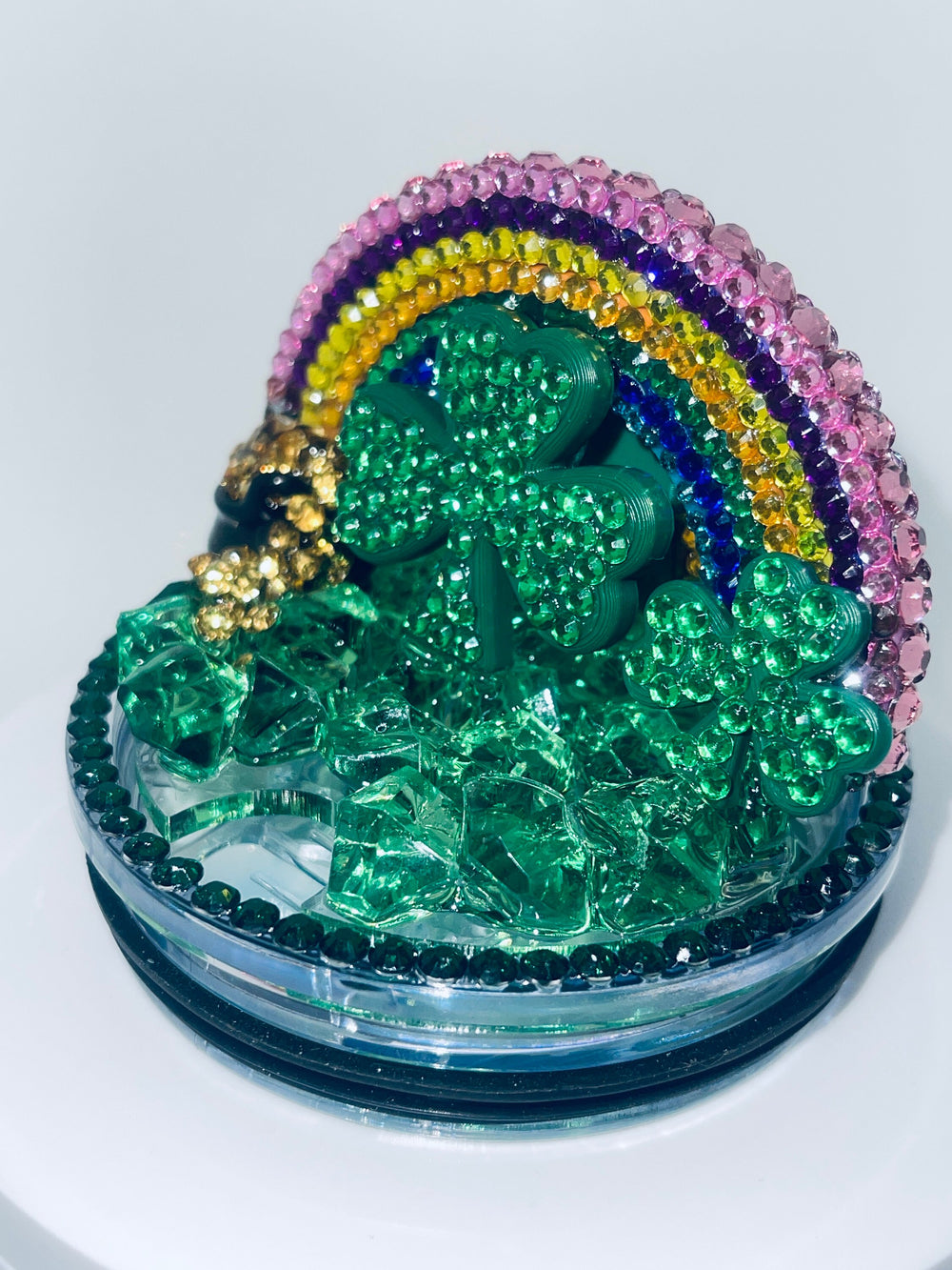 St. Patricks Day Rainbow Rhinestone Tumbler Topper, Rhinestone Rainbow Hat Clover Topper