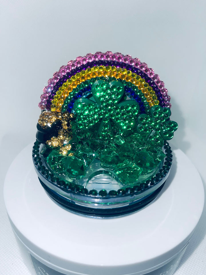 St. Patricks Day Rainbow Rhinestone Tumbler Topper, Rhinestone Rainbow Hat Clover Topper