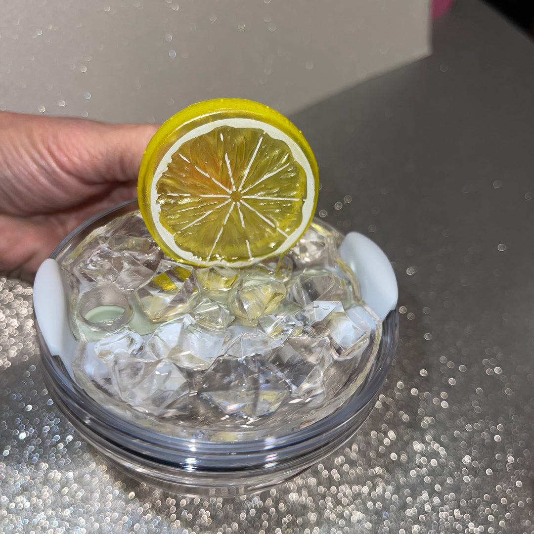 Iced Lemon Water Drink Stanl ey Decorated Tumbler Lid, Drink Lid with Ice and Fruit topper, 30 or 40 oz 3D decorated drink lid, customize