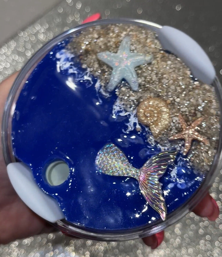 Beach themed Stanl ey Decorated Tumbler Lid, Drink Lid mermaid tail and shells, 30 or 40 oz 3D decorated drink lid, beach vibes