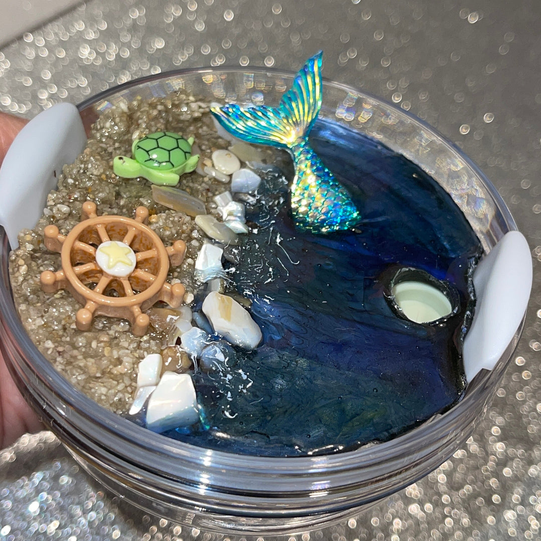 Beach themed Stanl ey Decorated Tumbler Lid, Drink Lid mermaid tail and shells, 30 or 40 oz 3D decorated drink lid, beach vibes