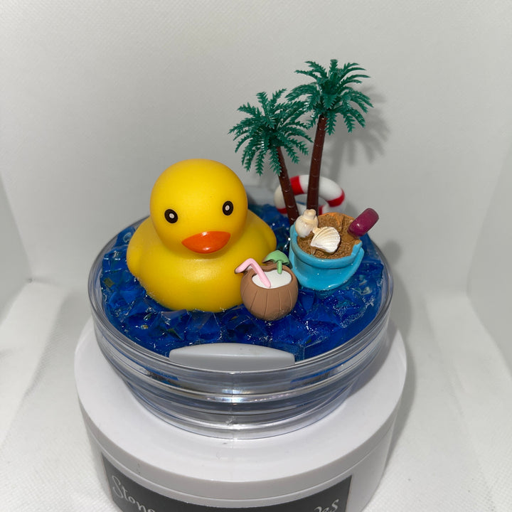 Beach duck topper with beach add ons and blue ocean water base, fit a 30 and 40 oz Stanley tumbler lid, 3D Decorative tumbler Lid Attachment