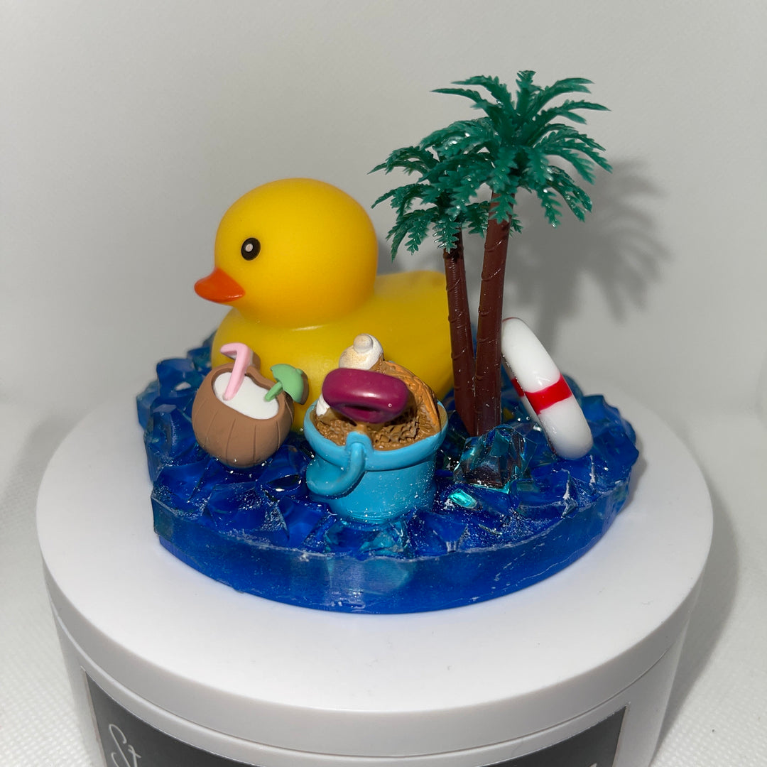 Beach duck topper with beach add ons and blue ocean water base, fit a 30 and 40 oz Stanley tumbler lid, 3D Decorative tumbler Lid Attachment