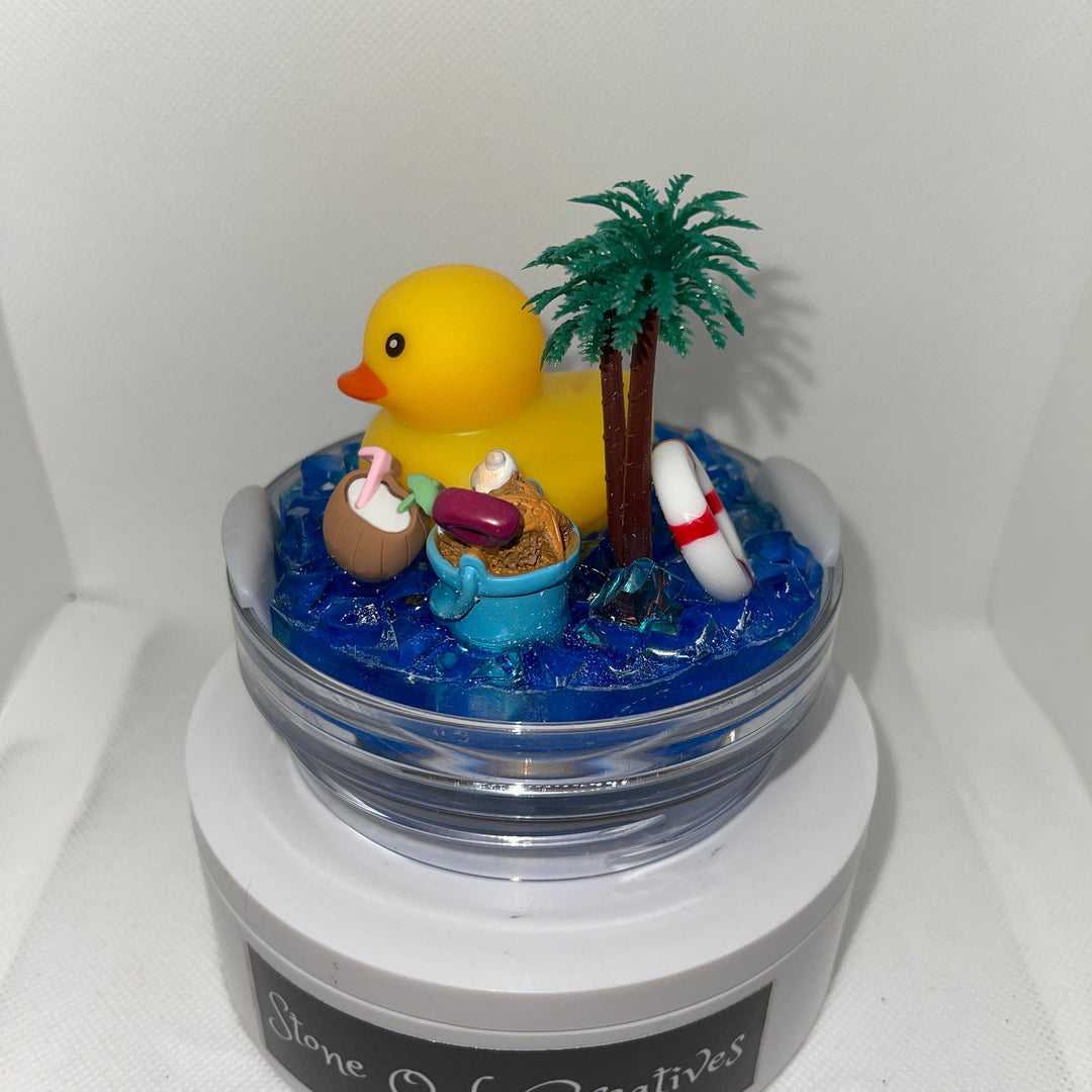 Beach duck topper with beach add ons and blue ocean water base, fit a 30 and 40 oz Stanley tumbler lid, 3D Decorative tumbler Lid Attachment