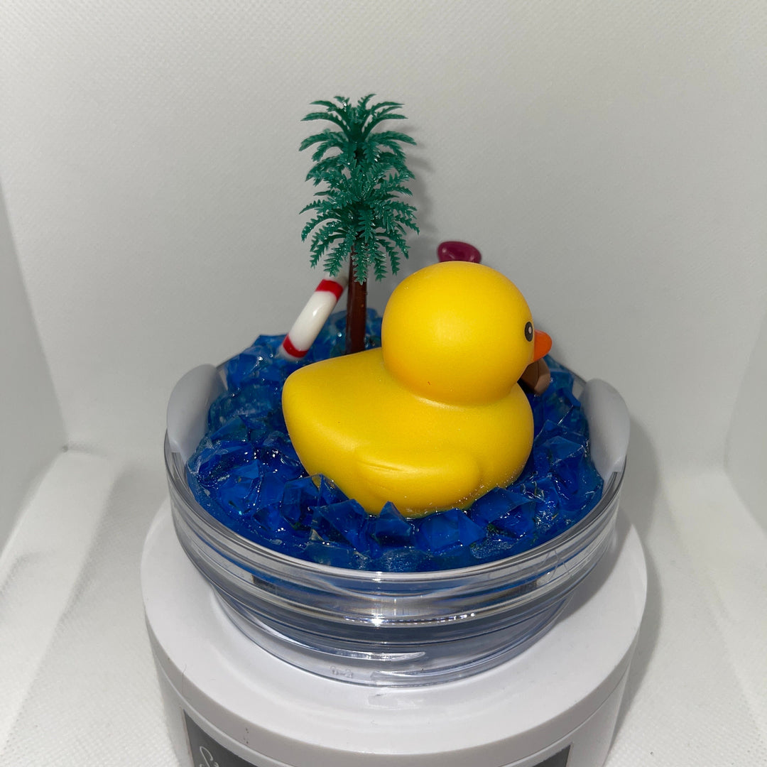 Beach duck topper with beach add ons and blue ocean water base, fit a 30 and 40 oz Stanley tumbler lid, 3D Decorative tumbler Lid Attachment
