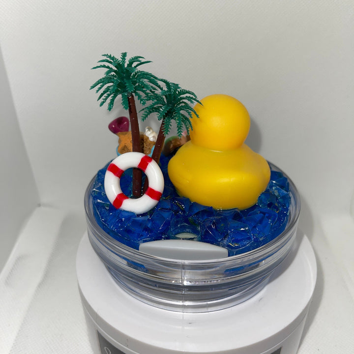 Beach duck topper with beach add ons and blue ocean water base, fit a 30 and 40 oz Stanley tumbler lid, 3D Decorative tumbler Lid Attachment