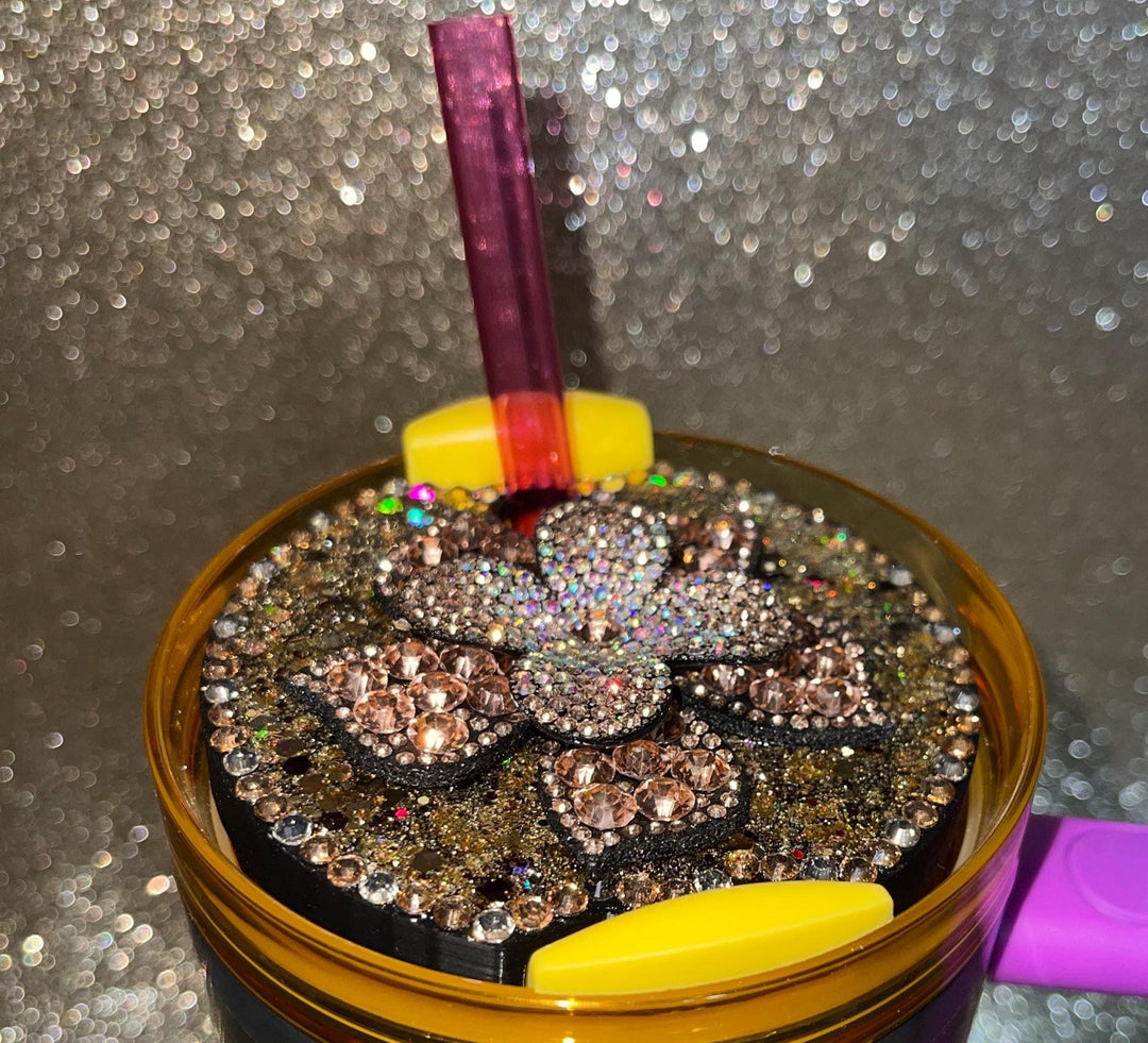 Rhinestone Gold Flower, Rhinestone topper, fits Stanley lids, Rhinestones, decorative lid, unique gift, Hot Seller