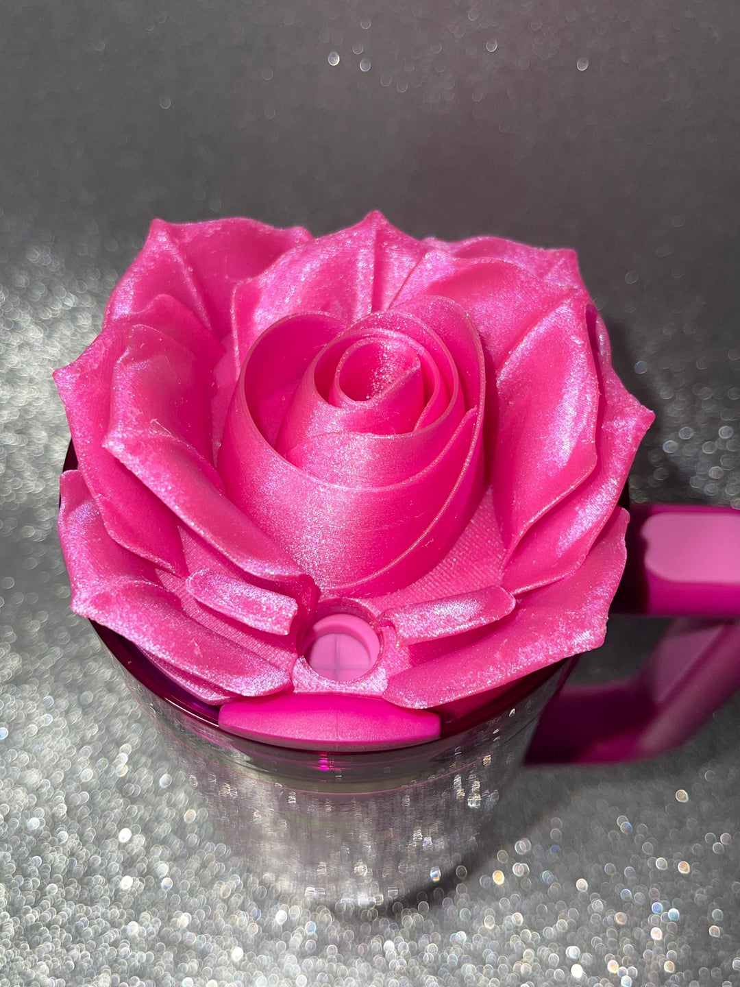 3D Rose Tumbler Topper that fit the new Icon, Pink Punch Shimmer, Berry Pink Glitter Truffle Tumbler lids, Rose tumbler topper
