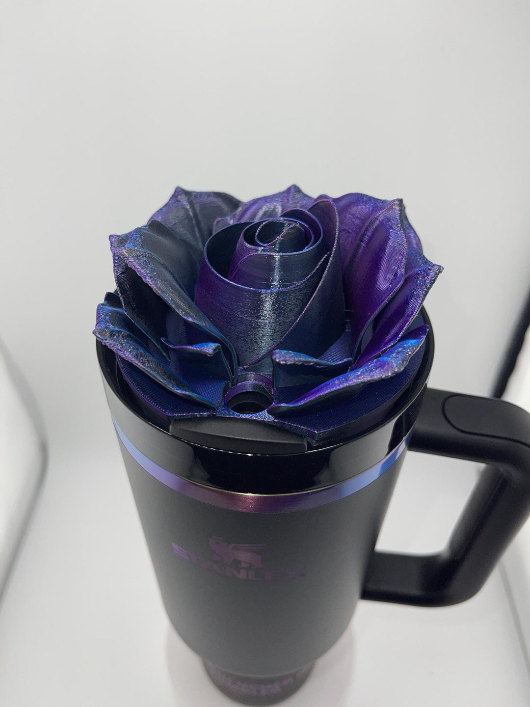 NEW!! 3D Rose black, purple, blue color-shifting Tumbler Topper that fit the Black Chroma Stanley lids, Rose tumbler topper, BEST SELLER