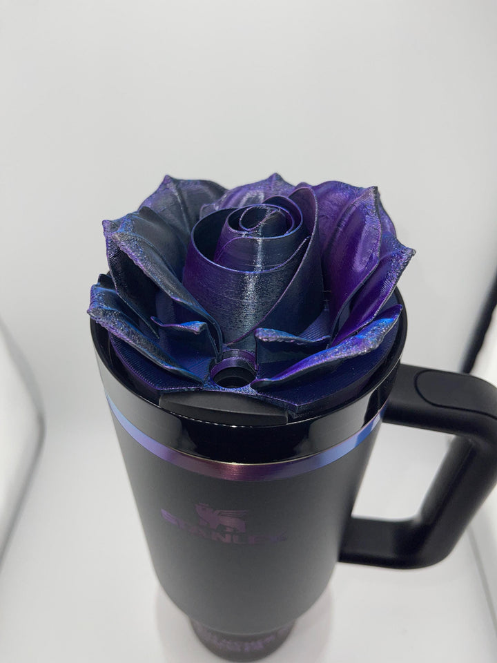 3D Rose black, purple, blue color changing Tumbler Topper that fit the Black Chroma Crystal Clear Night tumbler lids, BEST SELLER