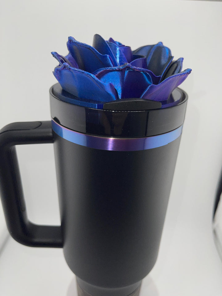 NEW!! 3D Rose black, purple, blue color-shifting Tumbler Topper that fit the Black Chroma Stanley lids, Rose tumbler topper, BEST SELLER