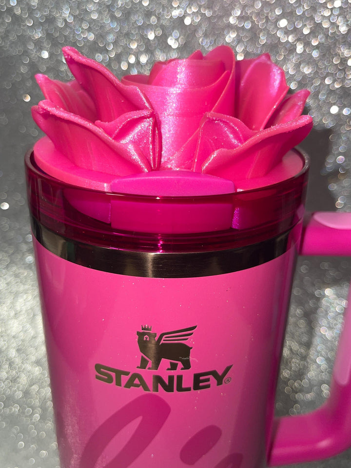 3D Rose Tumbler Topper that fit the new Icon, Pink Punch Shimmer, Berry Pink Glitter Truffle Tumbler lids, Rose tumbler topper