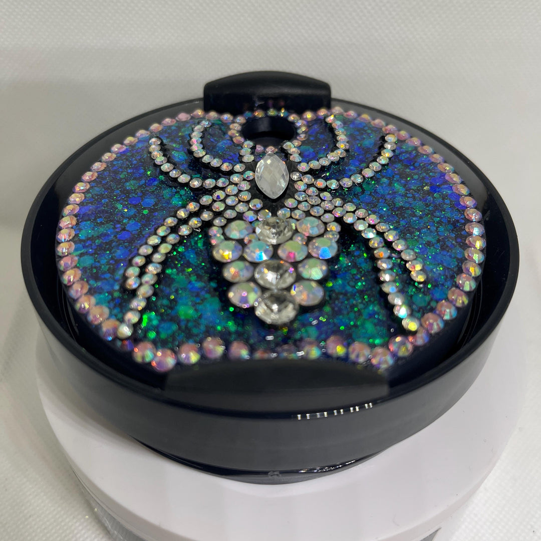Halloween Rhinestone Spider with holographic glitter that fits your 40 oz Stanley Topper, Bling, Rhinestones, decorative lid, unique gift
