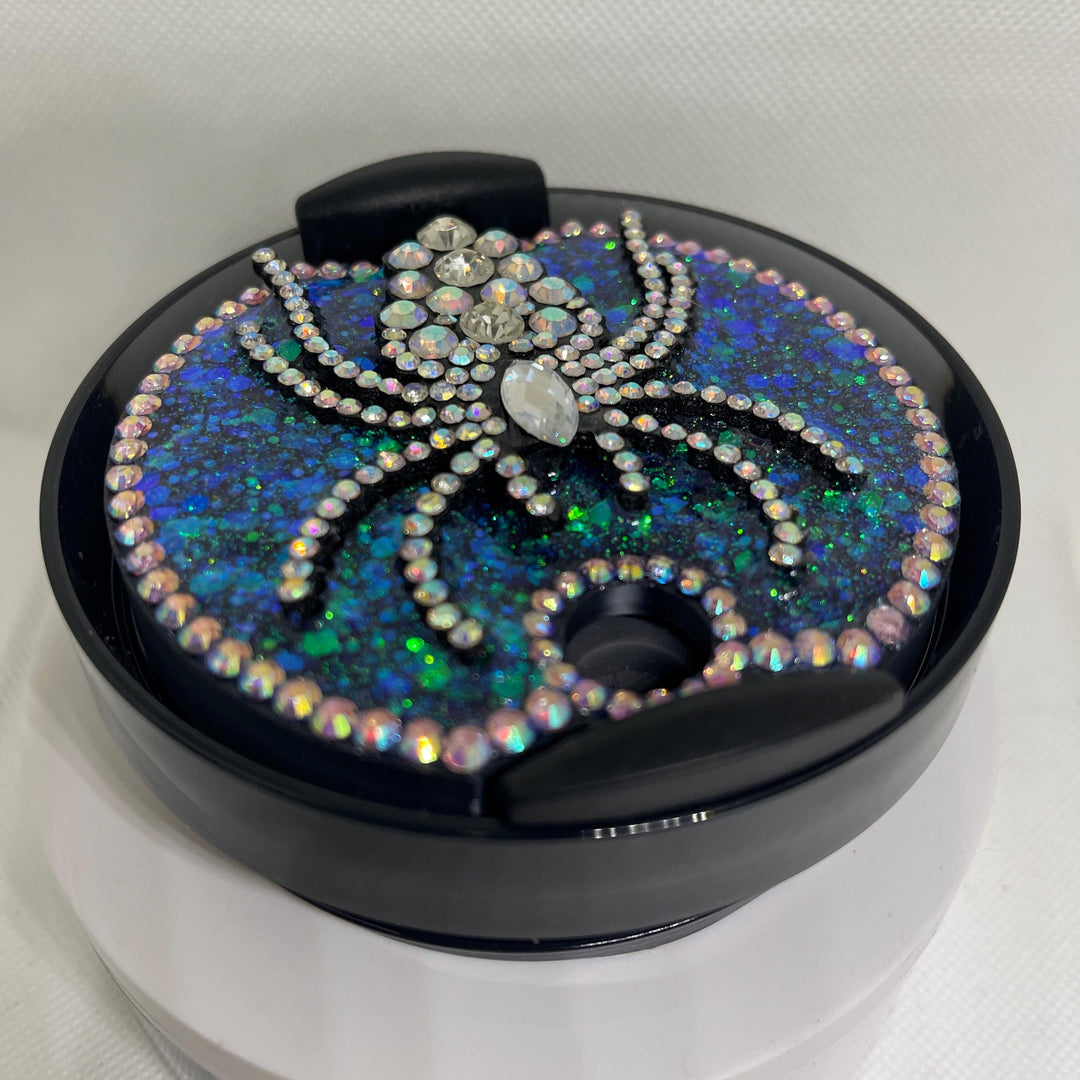 Halloween Rhinestone Spider with holographic glitter that fits your 40 oz Stanley Topper, Bling, Rhinestones, decorative lid, unique gift