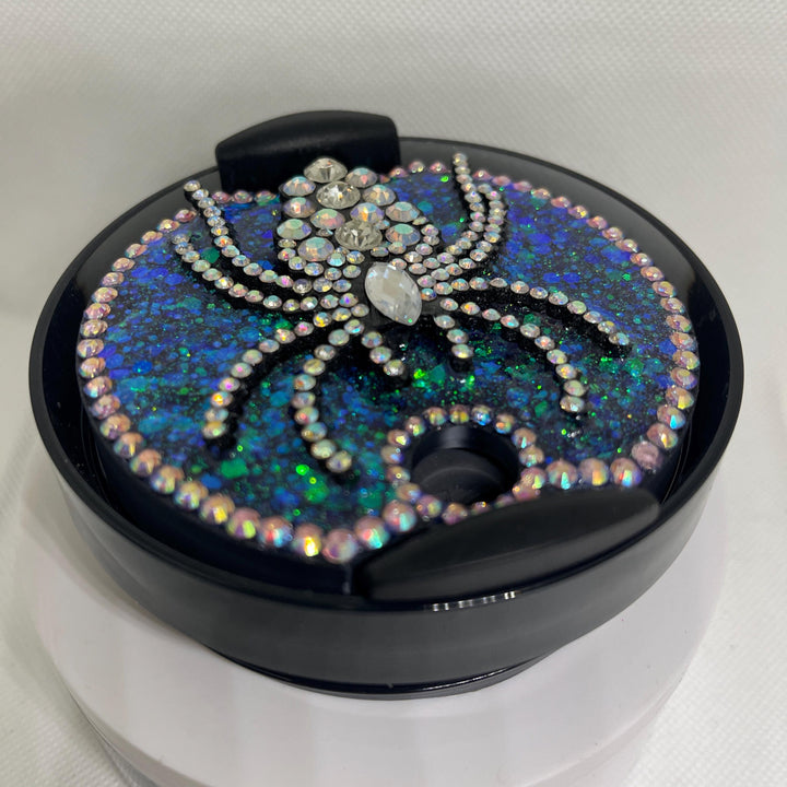 Halloween Rhinestone Spider with holographic glitter that fits your 40 oz Stanley Topper, Bling, Rhinestones, decorative lid, unique gift