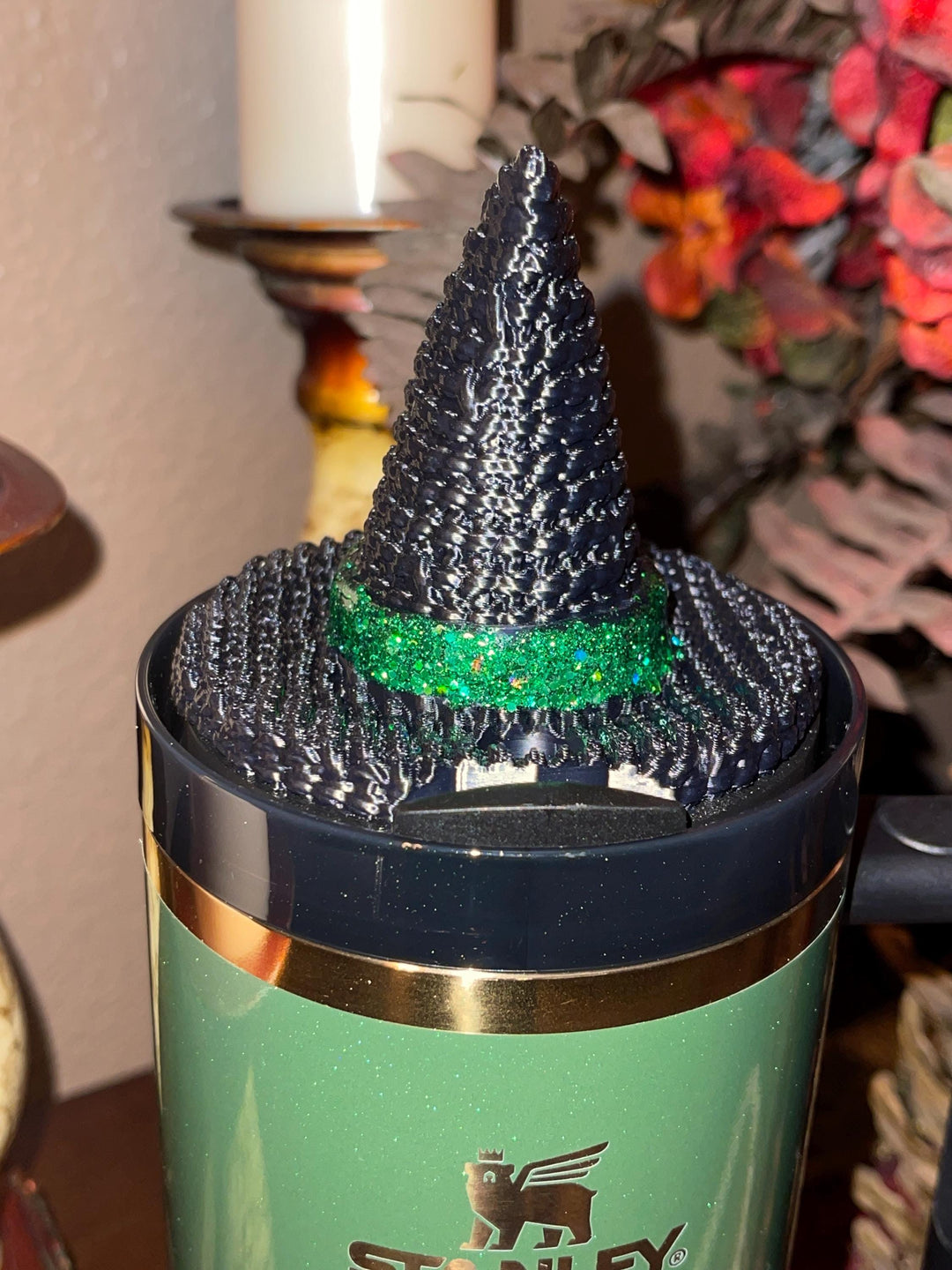 Witch hat tumbler topper, glitter green witch hat tumbler accessories for your Stanley tumbler