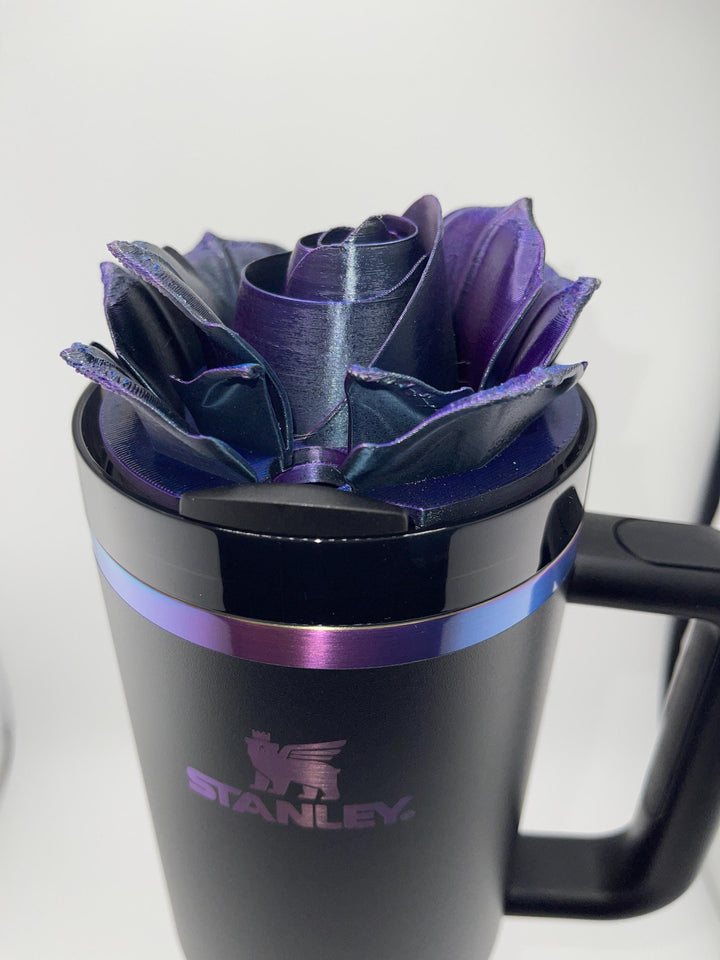 NEW!! 3D Rose black, purple, blue color-shifting Tumbler Topper that fit the Black Chroma Stanley lids, Rose tumbler topper, BEST SELLER