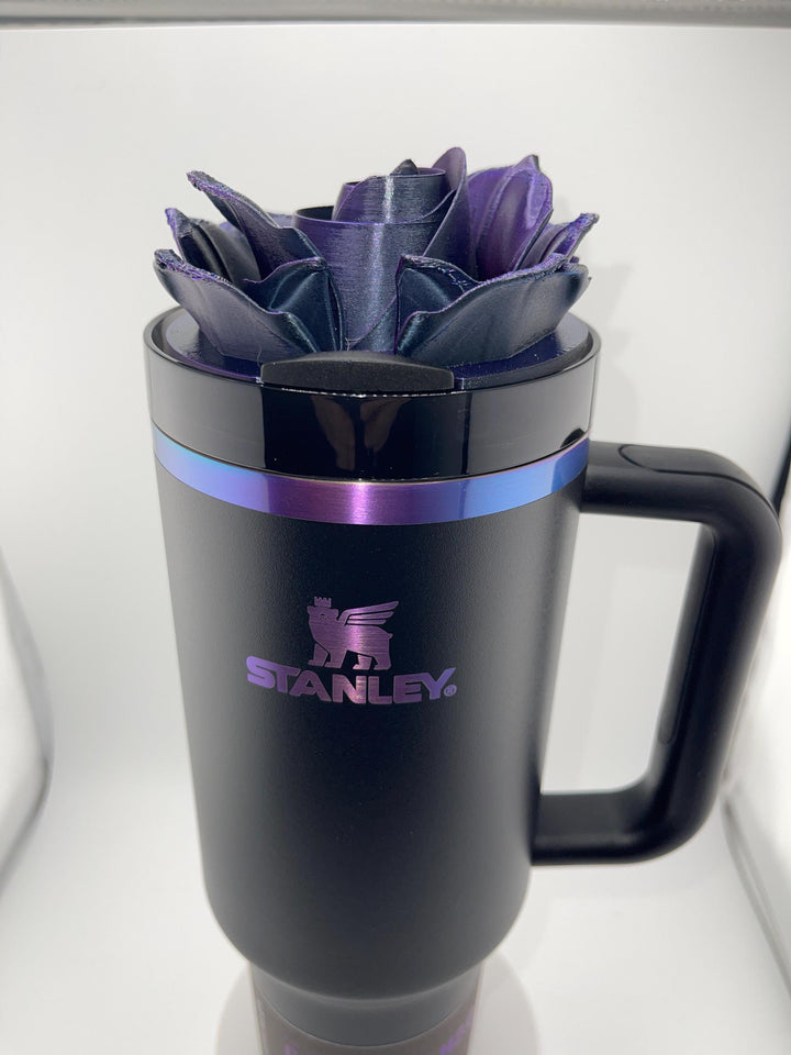 NEW!! 3D Rose black, purple, blue color-shifting Tumbler Topper that fit the Black Chroma Stanley lids, Rose tumbler topper, BEST SELLER