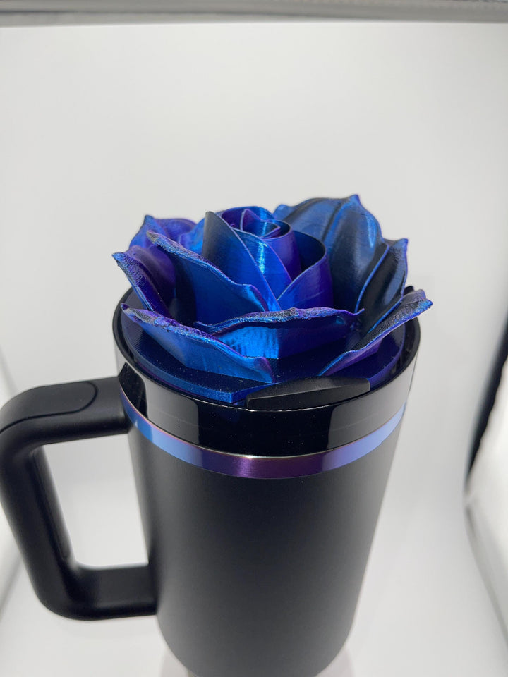 3D Rose black, purple, blue color changing Tumbler Topper that fit the Black Chroma Crystal Clear Night tumbler lids, BEST SELLER