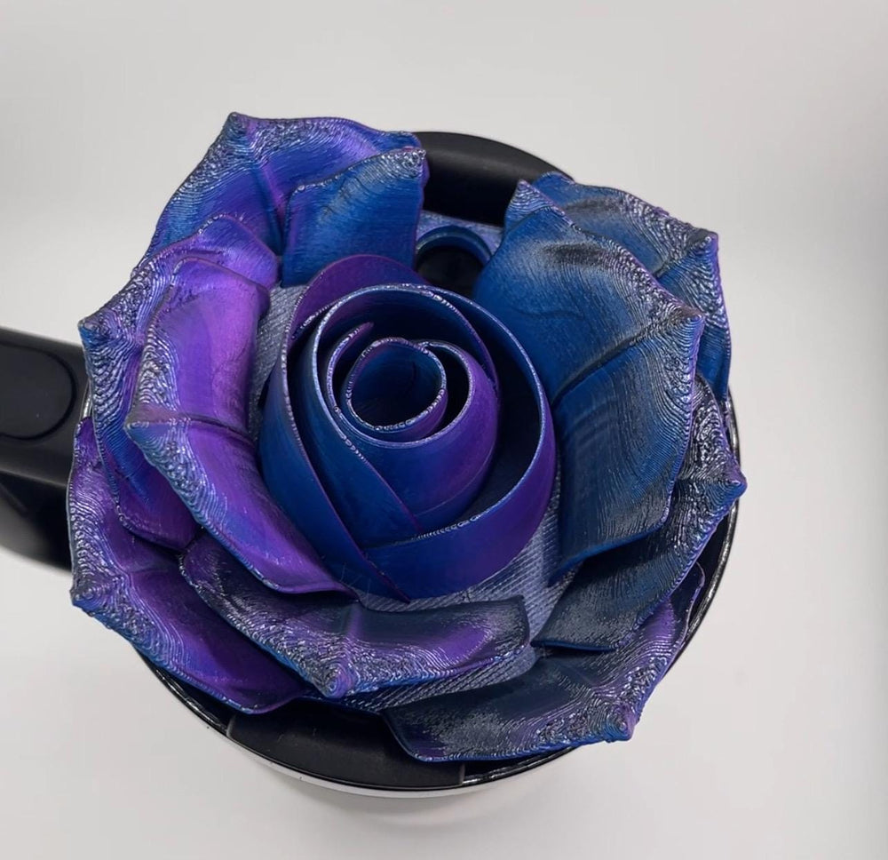 NEW!! 3D Rose black, purple, blue color-shifting Tumbler Topper that fit the Black Chroma Stanley lids, Rose tumbler topper, BEST SELLER