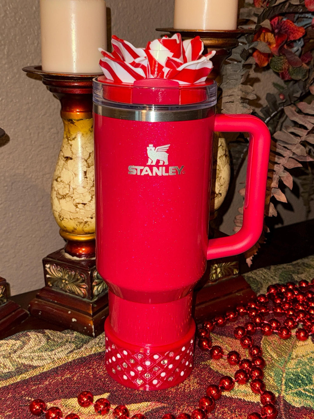 Christmas Candy Cane Stripped Roses and Rhinestone Tumbler Boots, Red, White, Silver, Peppermint Christmas tumbler accessories, BEST SELLER