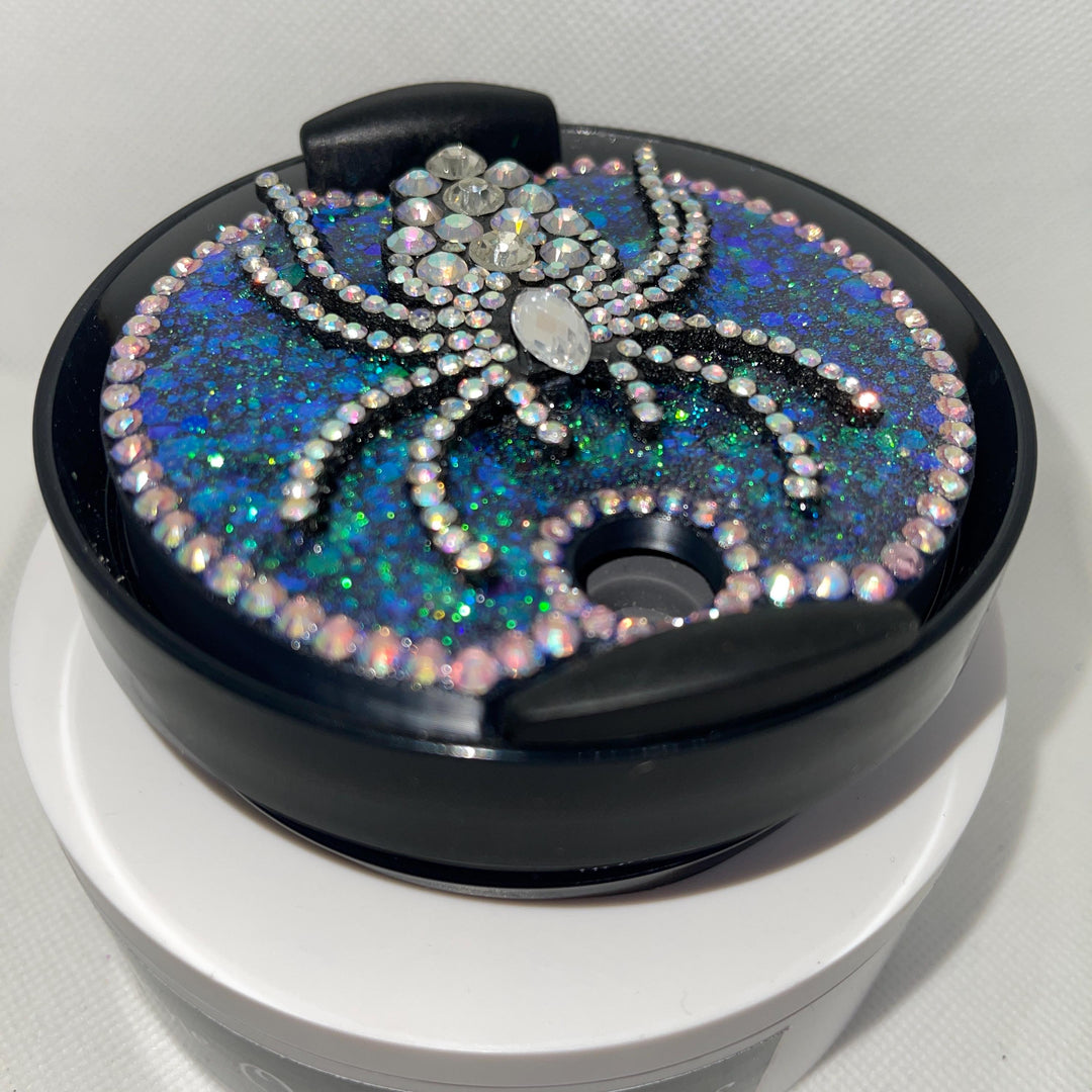 Halloween Rhinestone Spider with holographic glitter that fits your 40 oz Stanley Topper, Bling, Rhinestones, decorative lid, unique gift