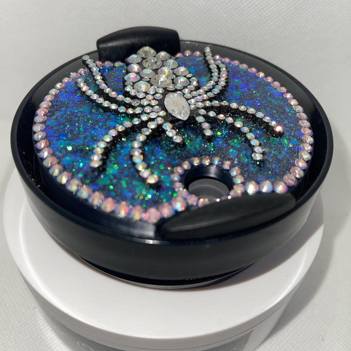 Halloween Rhinestone Spider with holographic glitter that fits your 40 oz Stanley Topper, Bling, Rhinestones, decorative lid, unique gift