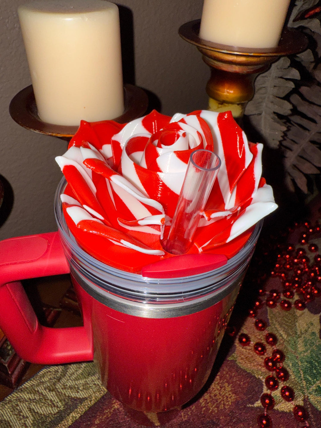 Christmas Rose Tumbler Toppers, Red, White, Peppermit Christmas tumbler accessories, BEST SELLER