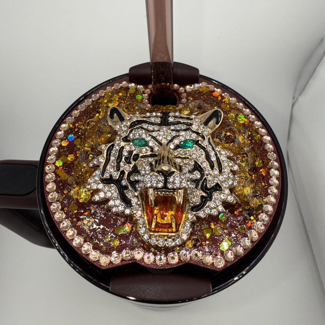 Fancy Rhinestone Flat Tiger Tumbler Topper, Rhinestone Tiger Topper, fits your 40 oz Stanley Tumblers, Unique Gift