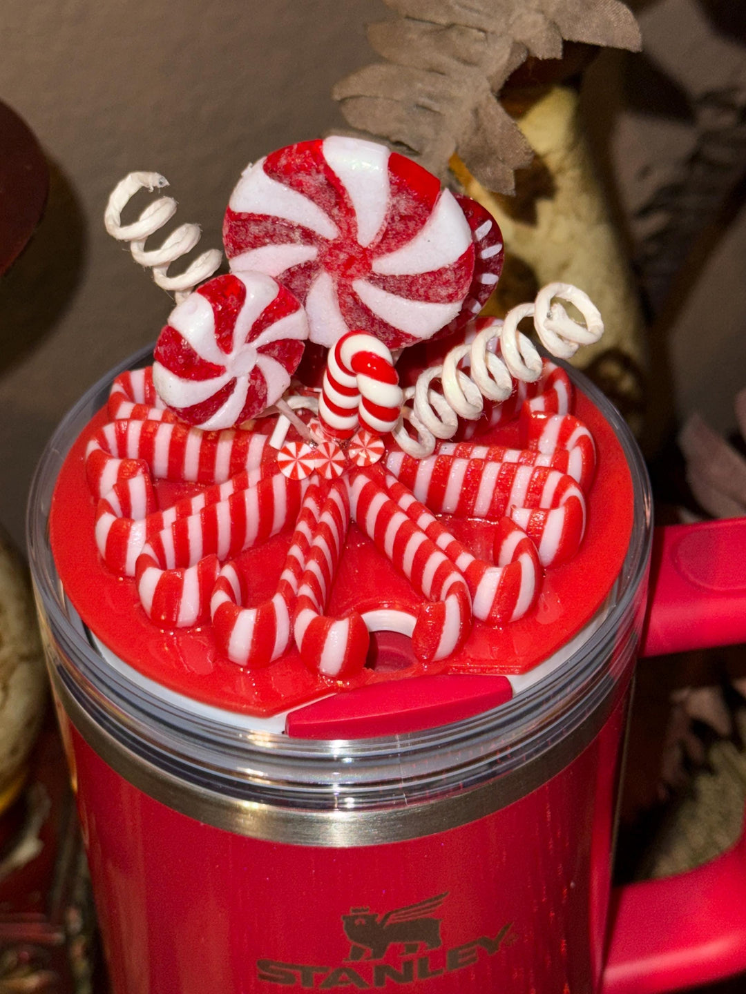 Candy Cane Peppermint Christmas Candy Tumbler Topper, 3D Decorative Lid, fits your Stanley tumbler lid, unique Christmas gift