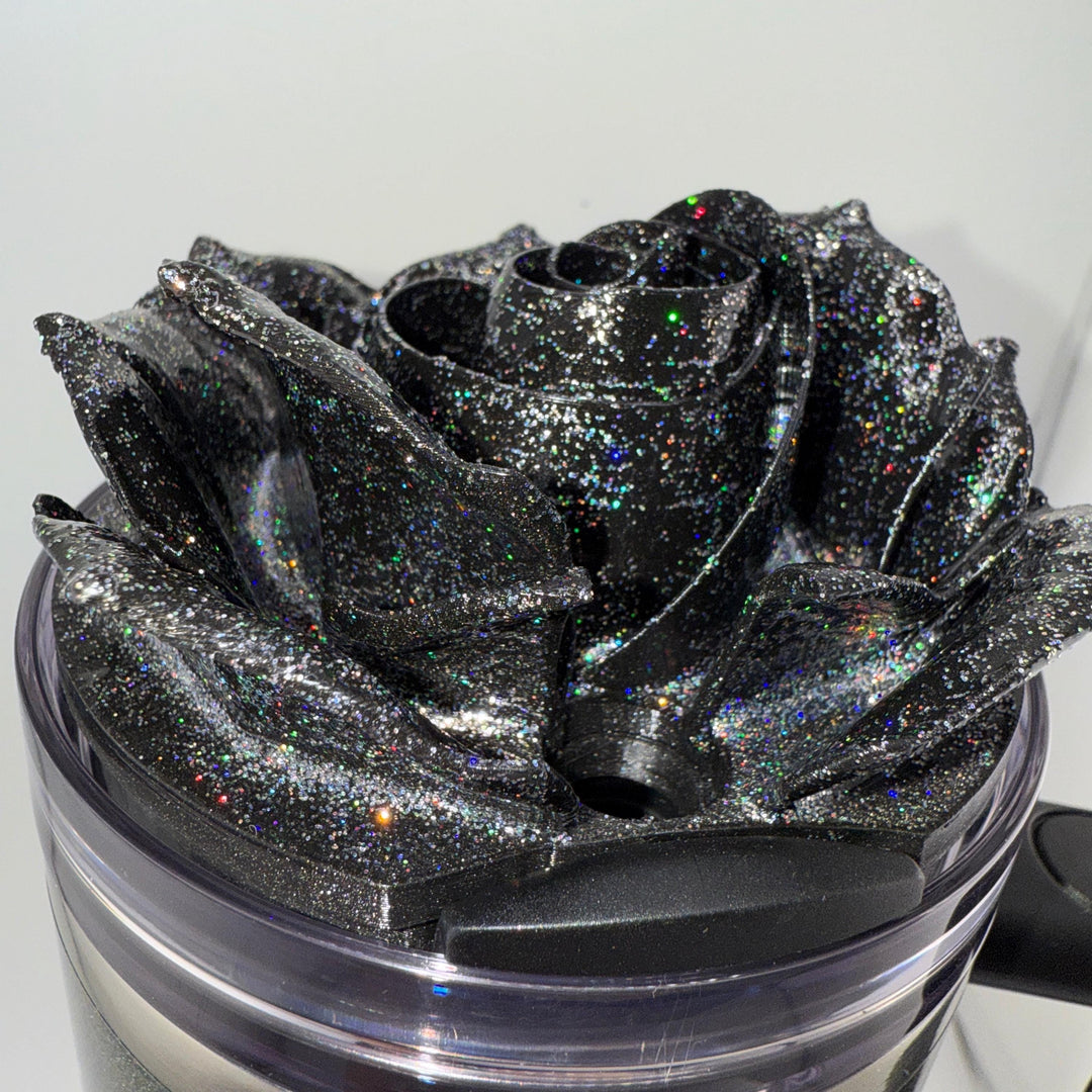 Midnight Glitz 3D Rose Tumbler Topper that fit the new Stanley tumblers, 3D Decorative Lid