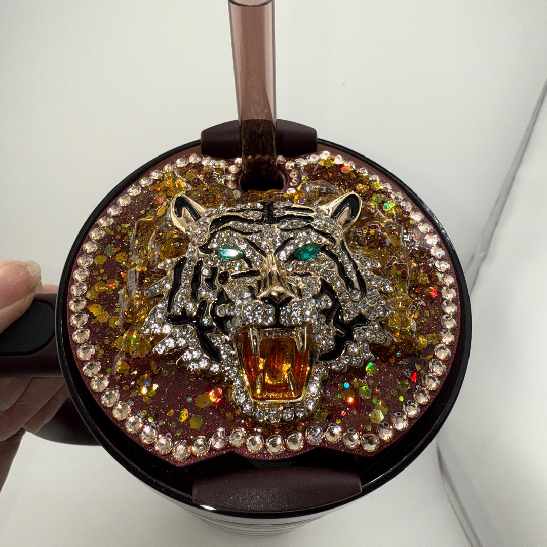 Fancy Rhinestone Flat Tiger Tumbler Topper, Rhinestone Tiger Topper, fits your 40 oz Stanley Tumblers, Unique Gift