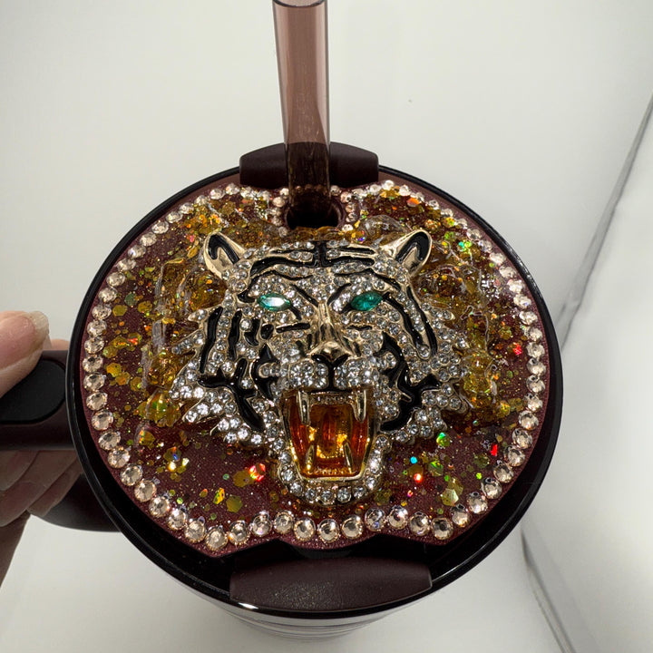 Fancy Rhinestone Flat Tiger Tumbler Topper, Rhinestone Tiger Topper, fits your 40 oz Stanley Tumblers, Unique Gift