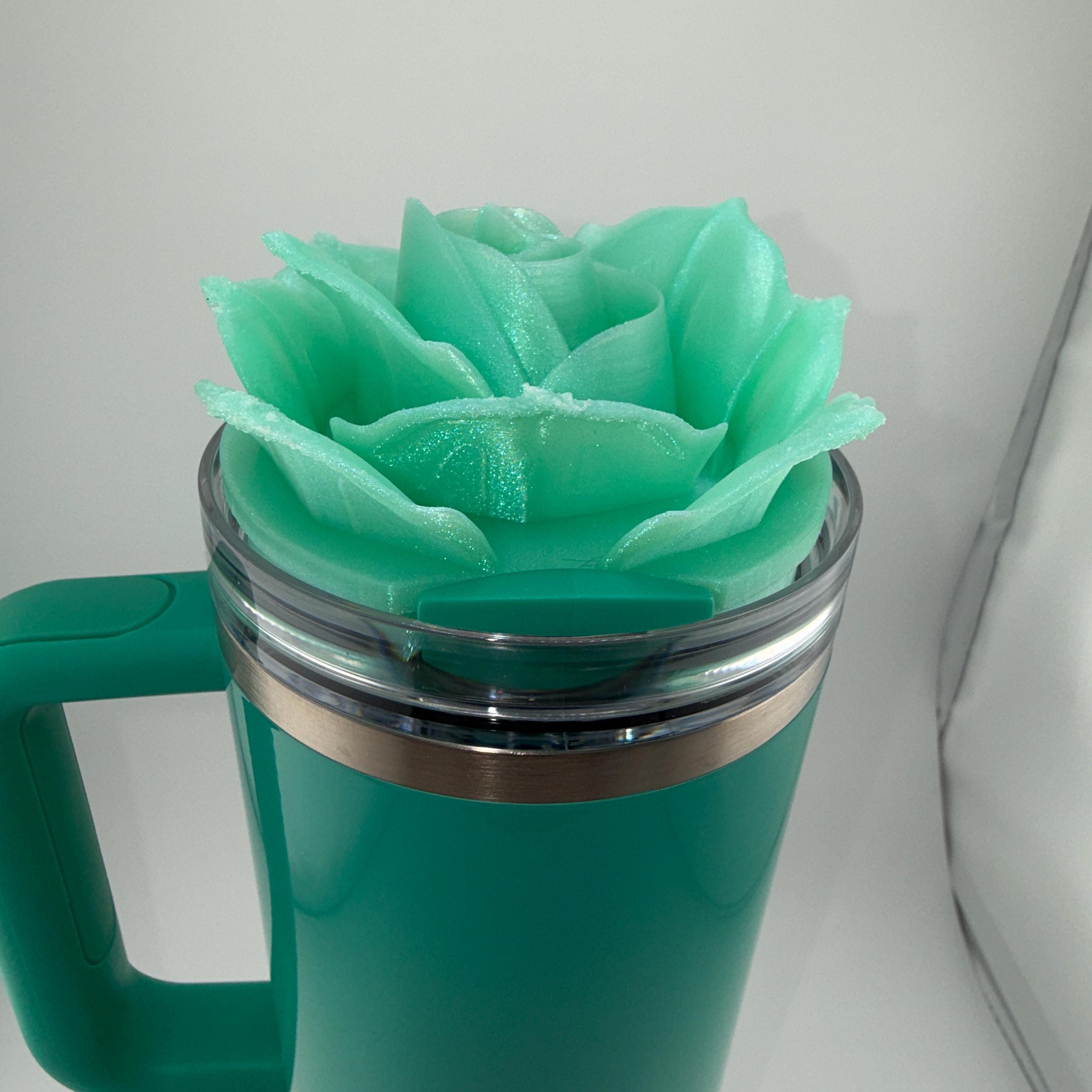 3D Rose Tumbler Topper that fit the new Gumdrop Green Stanley lids