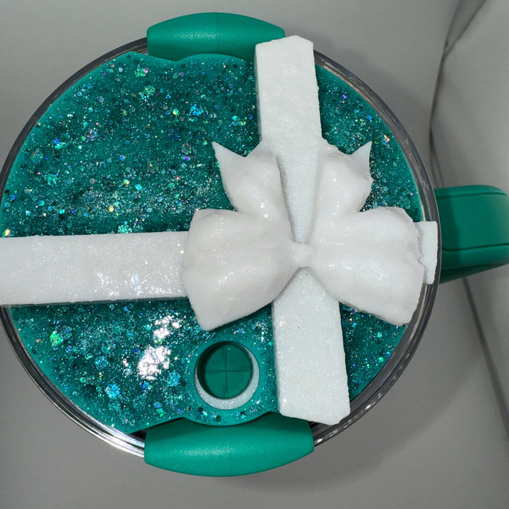 Teal Turquoise White Bow Glitter topper, fits Stanley lids, Rhinestones, decorative lid, unique gift, dress-up