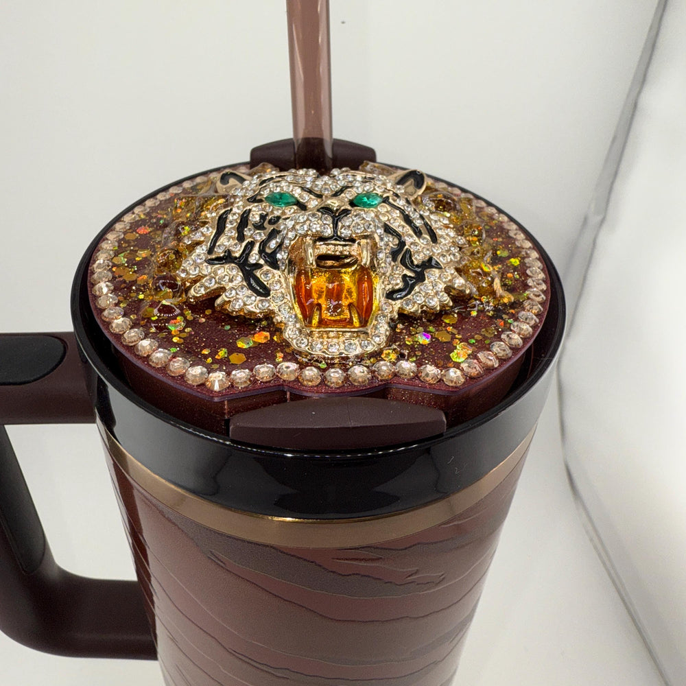 Fancy Rhinestone Flat Tiger Tumbler Topper, Rhinestone Tiger Topper, fits your 40 oz Stanley Tumblers, Unique Gift