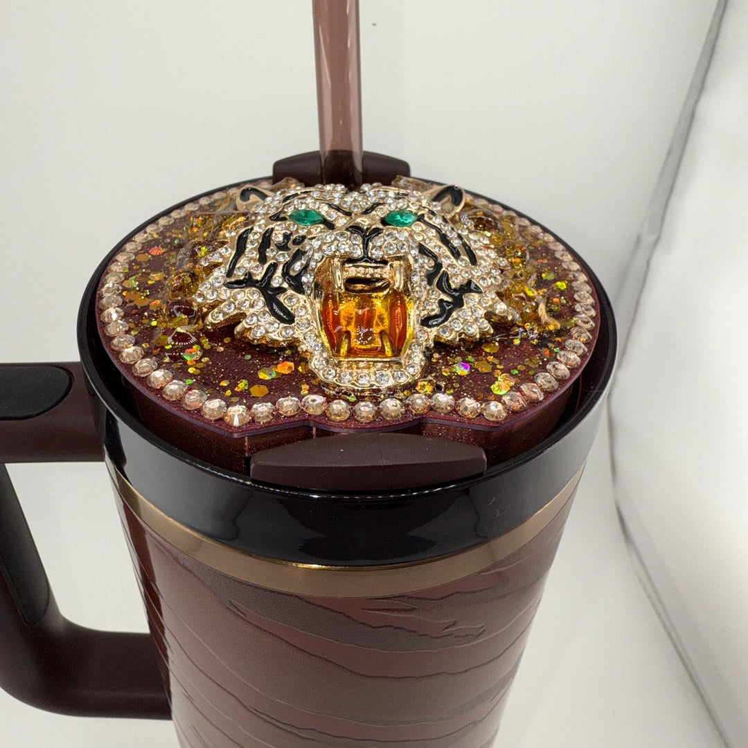Fancy Rhinestone Flat Tiger Tumbler Topper, Rhinestone Tiger Topper, fits your 40 oz Stanley Tumblers, Unique Gift